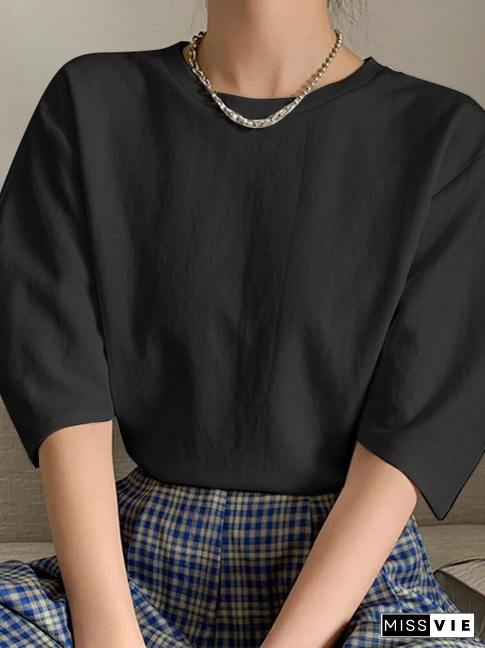 Crew Neck Solid Color Half Sleeve Casual Blouse