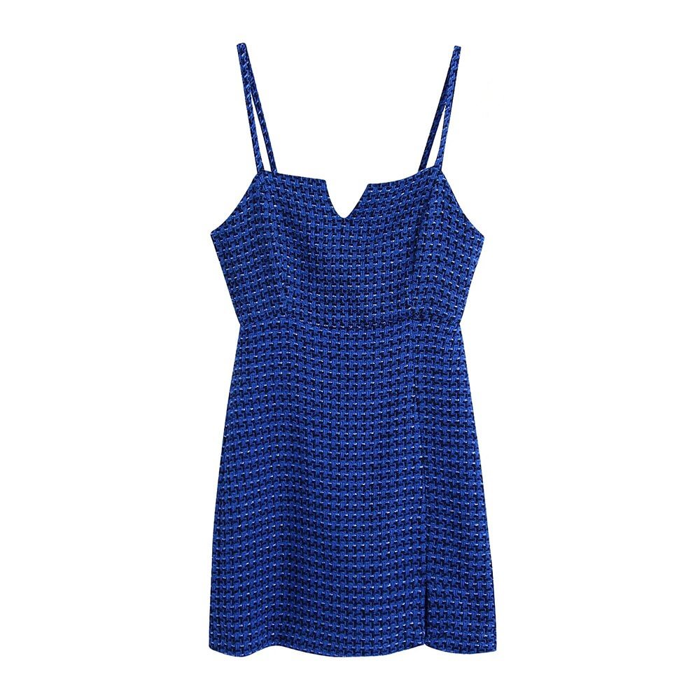 TRAF Women Fashion Tweed Front Slit Hem Mini Dress Vintage Backless Zipper Thin Straps Female Dresses Vestidos Mujer