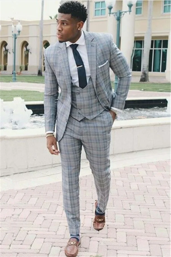 New Arrive Grid Western Suits For Wedding 3 Piece With Notch Lapel