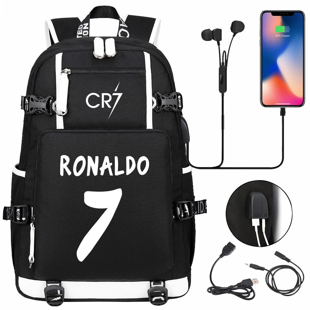 Showcase Your Soccer Spirit with the Cristiano Ronaldo Themed Backpack - USB Charging, 15-inch Laptop Storage & Double-Sided Pockets!