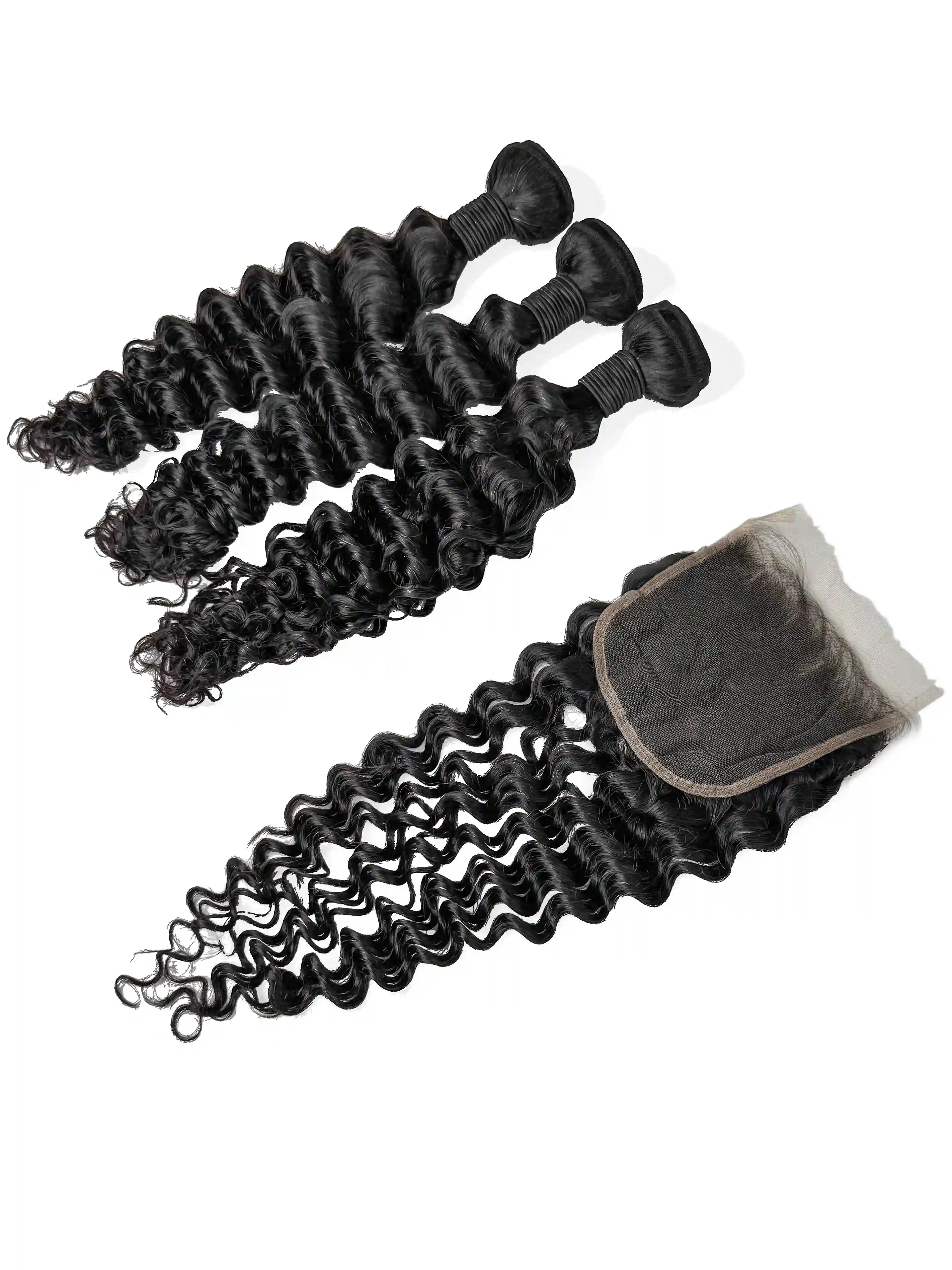 Deep Wave 3PCS Bundles & 1PC 5x5 Lace Closure | Transparent & HD Lace | 100% Human Hair | Top Virgin Hair