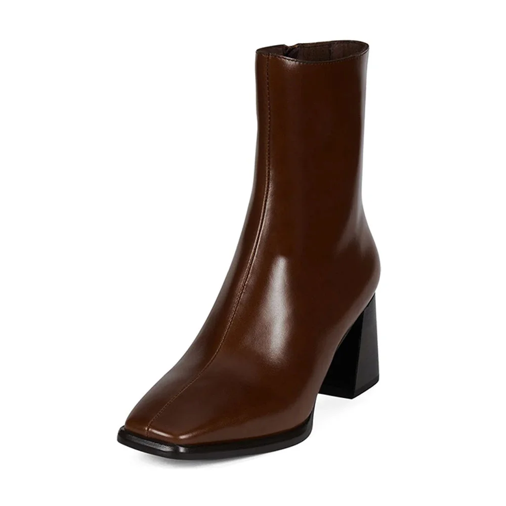 Chocolate Brown Square Toe Side Zipper Block Mid Heel Boots for Women