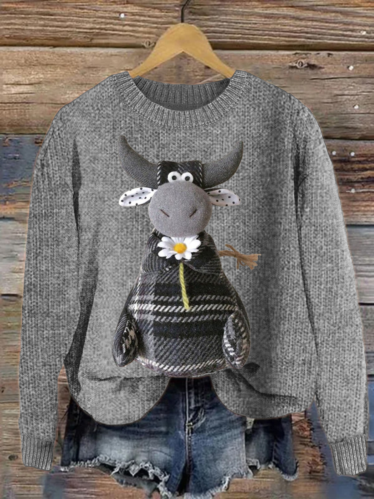 Flower Muppet Cow Print Crew Neck Sweater wearshes