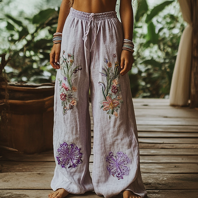 Utbros Vintage Bohemian Floral Art Printed Cotton Linen Wide Leg Pants