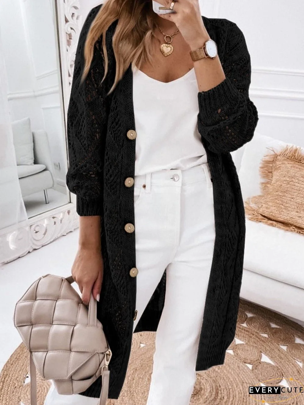 Elegant Black Crochet Knit Openwork Cardigan