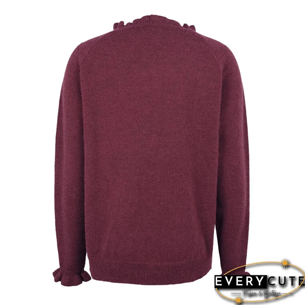 Wine Red Ruffle Detail Crew Neck Long Sleeve Knitted Sweater