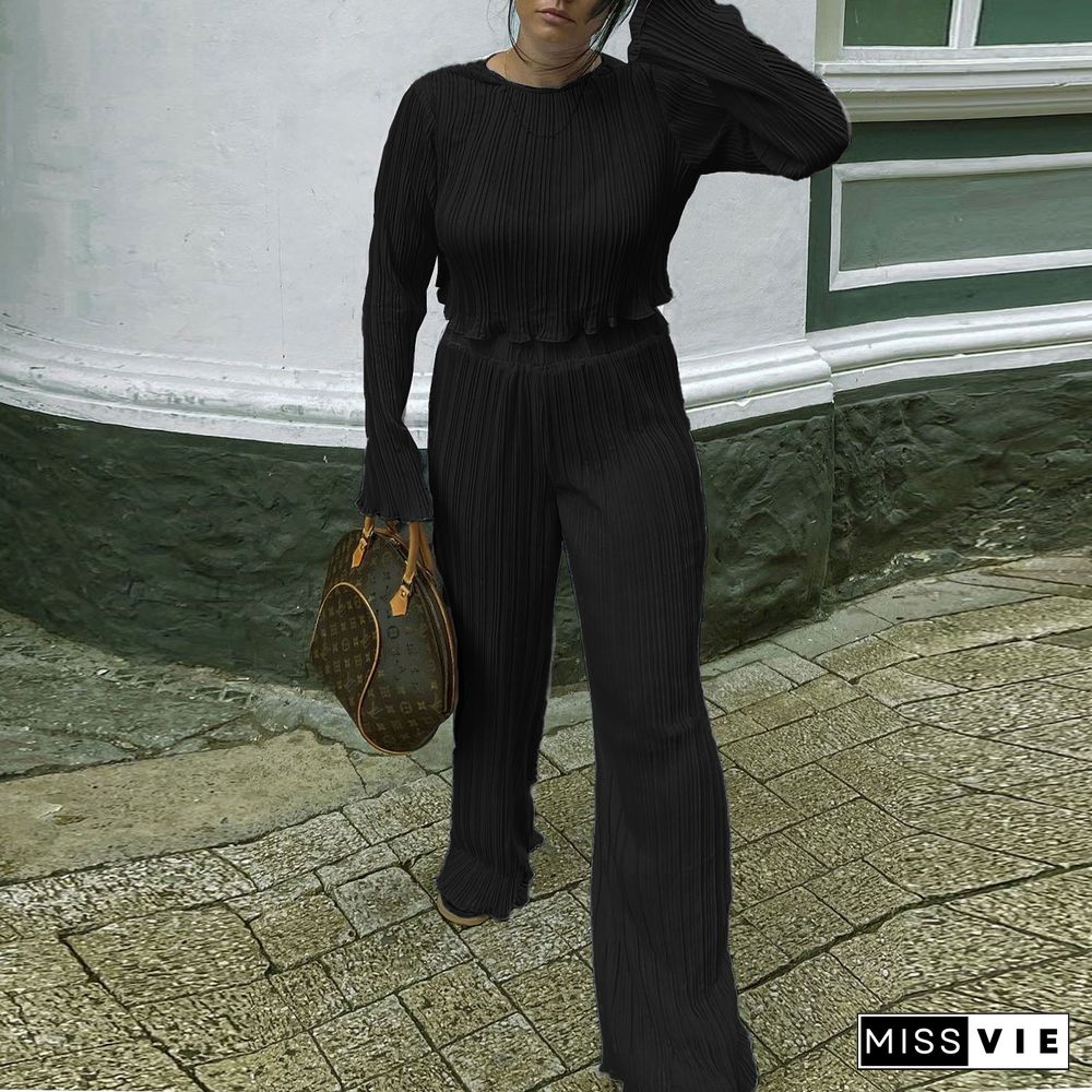 Pleated Loose Blouse Crop Top Wide Leg Pants Outfits