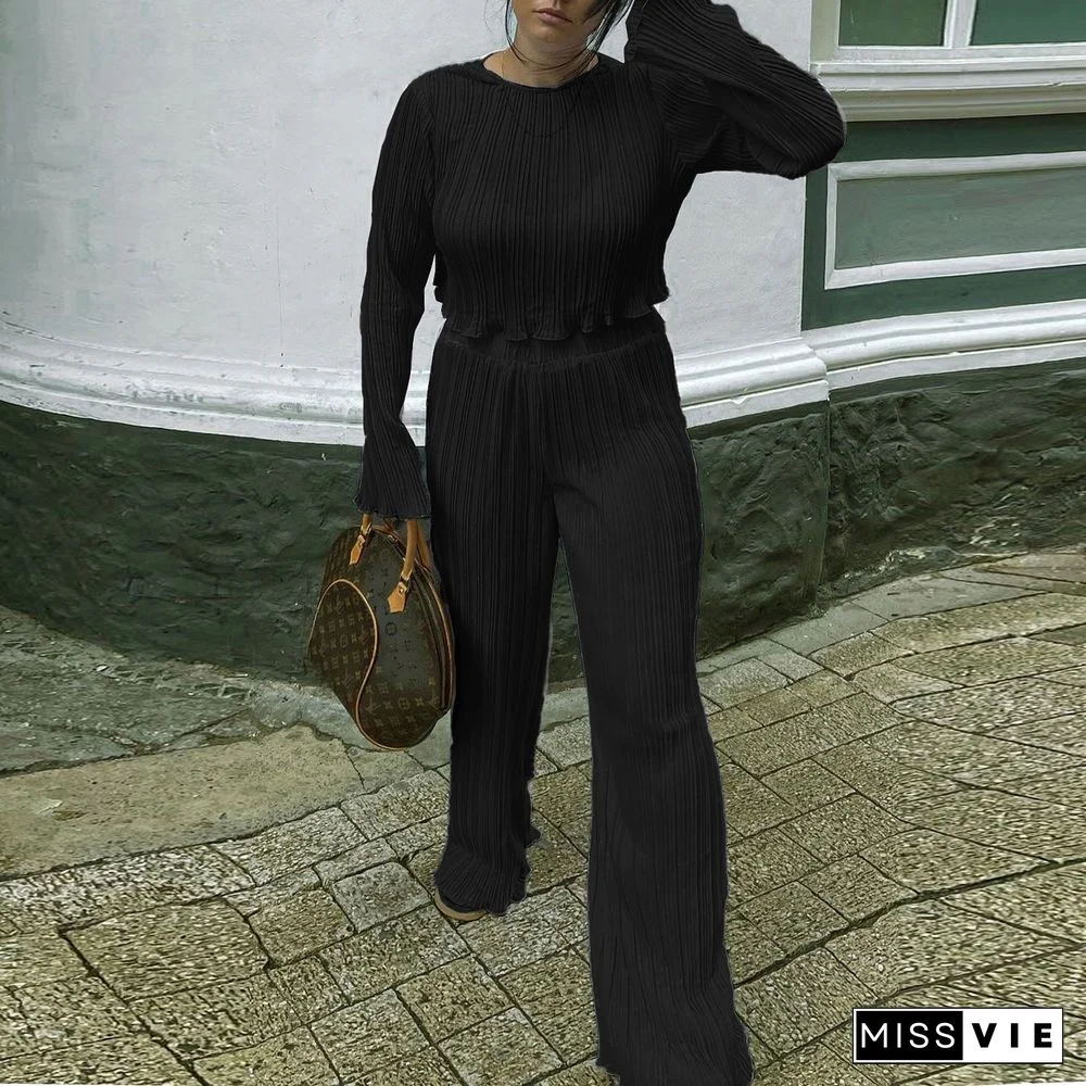 Pleated Loose Blouse Crop Top Wide Leg Pants Outfits