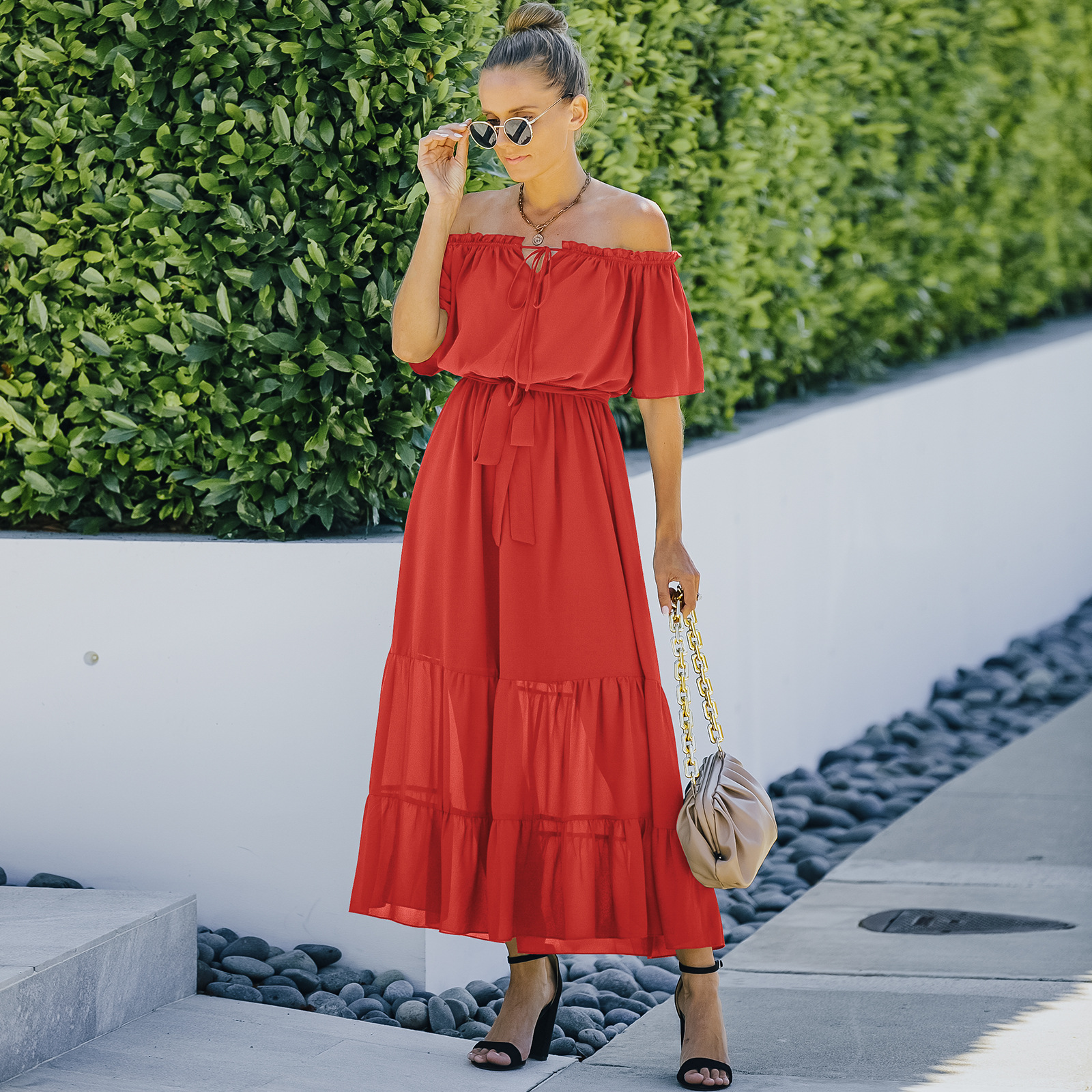 Mature Women Summer Fashion Wrap Chest One Shoulder Dress