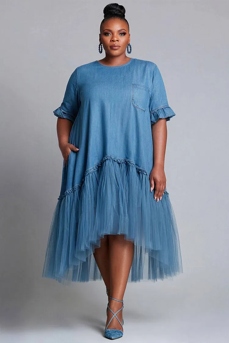 Xpluswear Design Plus Size Business Casual Tulle Blue Round Neck Short Sleeve Pocket Contrast Tencel Denim Midi Dresses [Pre-Order] 2024 - Xpluswear