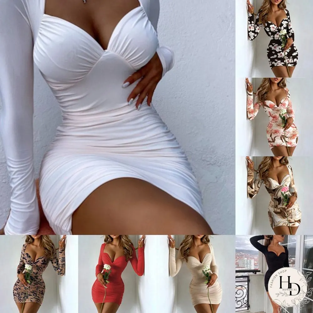 New Fashion Women Print V-neck Long Sleeved Package Hip Mini Dress Party Club Bodycon Dress