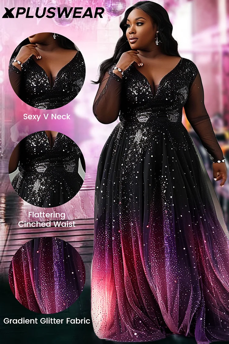 Xpluswear Design Plus Size Evening Black V Neck Gradient See Through Glitter Maxi Dresses Xpluswear