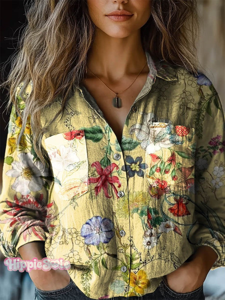 Women’s Vintage Flower Print Casual Long Sleeve Comfortable Cotton Shirt Multicolor / S