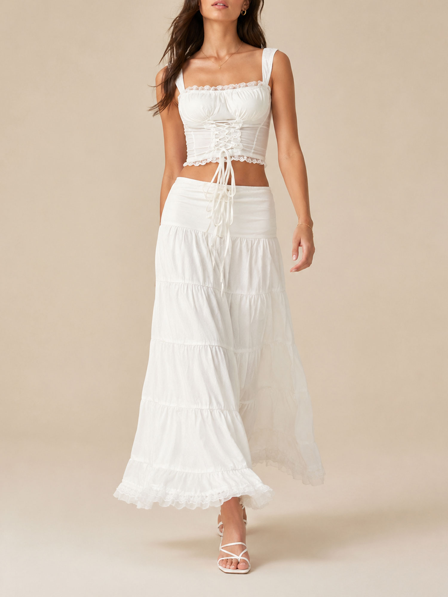 French Romantic Garden Party &mdash; Ethereal Ivory Ruffle Trim Cotton-Linen Smocked Matching Cottagecore Set
