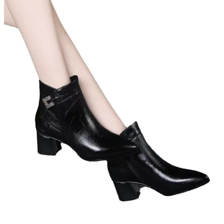 Churchf Autumn And Winter New Fashion Pointed Side Zipper High Heel Ankle Boots Thick Heel Fashion Plus Size Martin Boots Women
