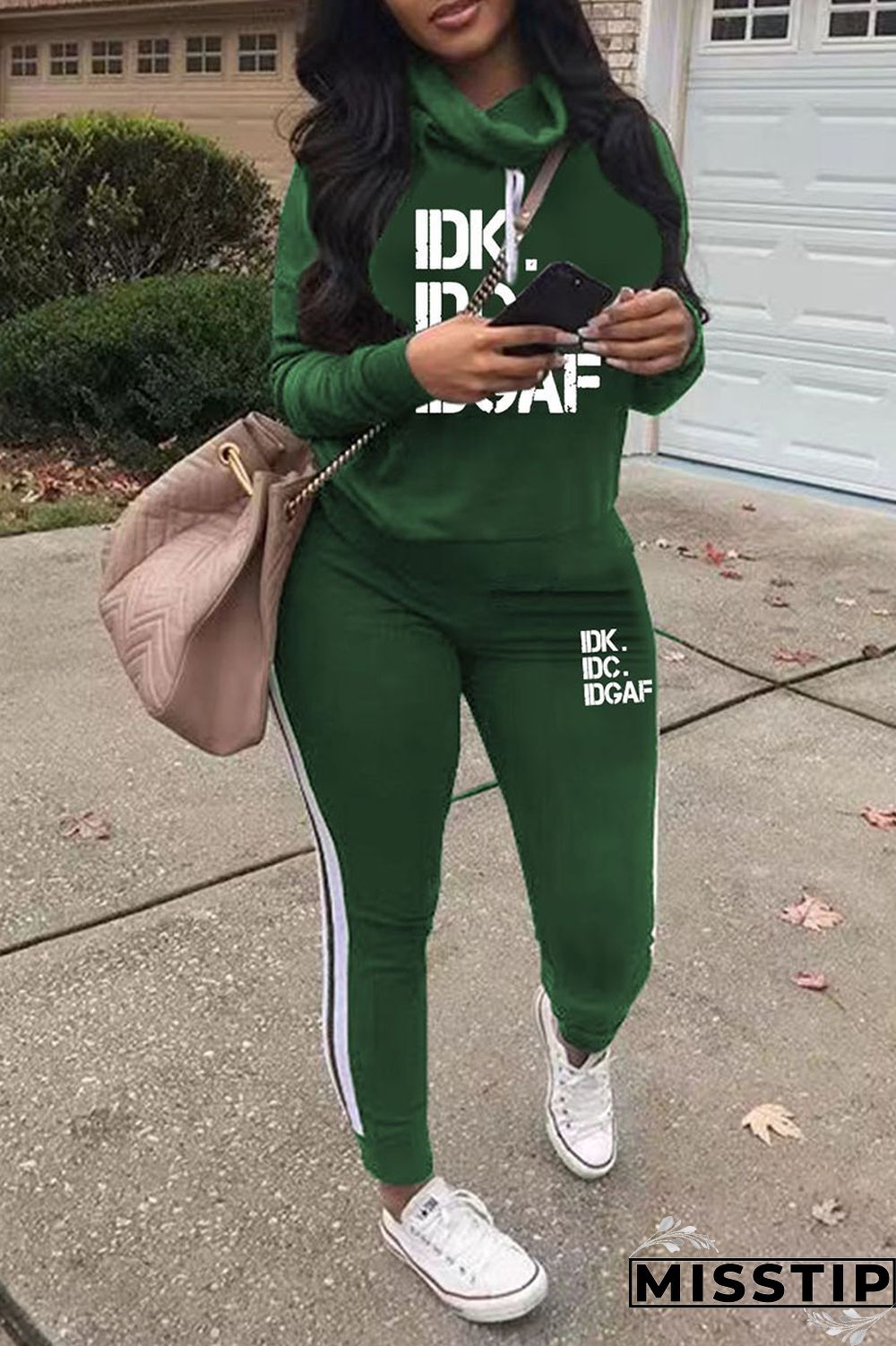 Army Green Casual Print Patchwork Turtleneck Long Sleeve Two Pieces