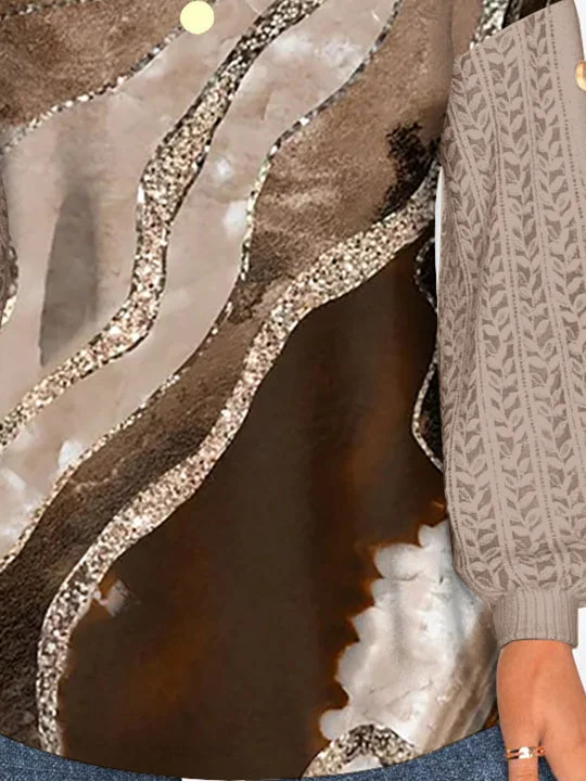 Women Long Sleeve Scoop Neck Striped Printed Graphic Button Lace Tops