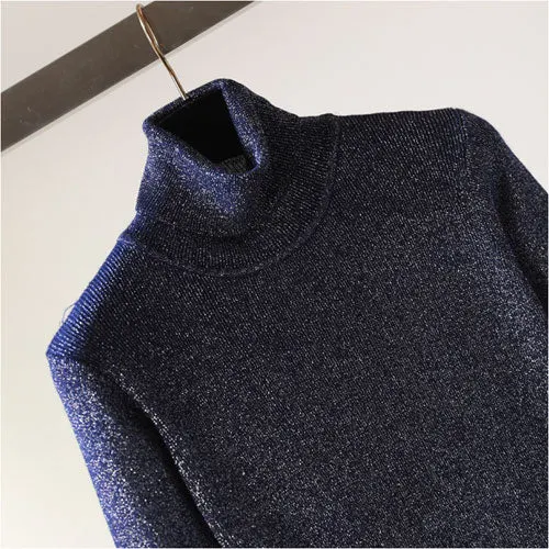 Glitter Turtleneck knit sweater Shinny Chic Women Sweaters And Pullovers spring Autumn thin bling Lurex slim baisc sweater