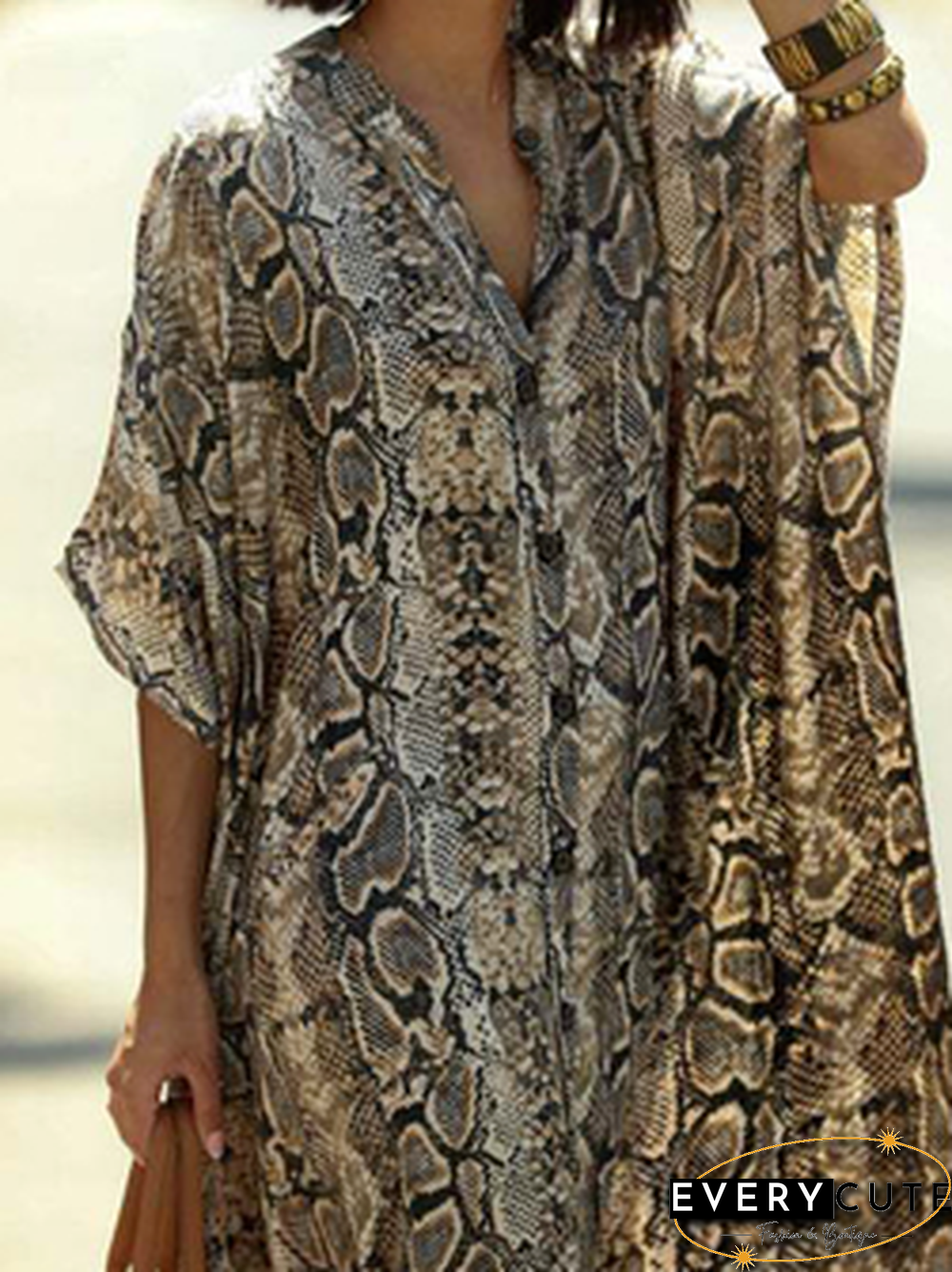 Stand Collar Snakeskin Boho Short sleeve Woven Dress