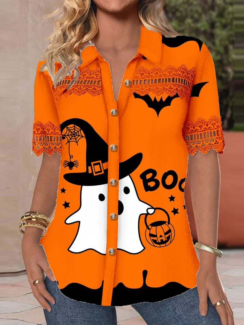 Women Short Sleeve V-neck Ghost Pumpkin Printed Graphic Lace Hollow Stitching Button Tops