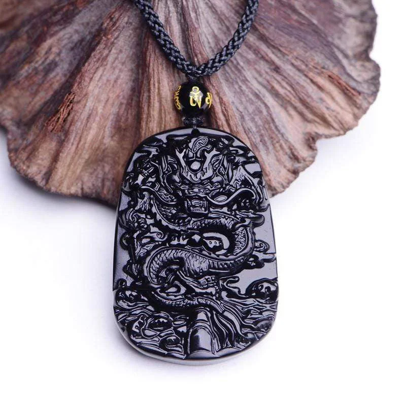 Black Obsidian Stone Dragon Fulfilment Pendant Necklace