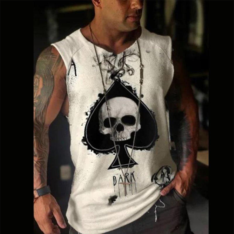 Poker Skull Printed Casual Summer Crew Neck Sleeveless Tops Men's Tank Shirts-VESSFUL