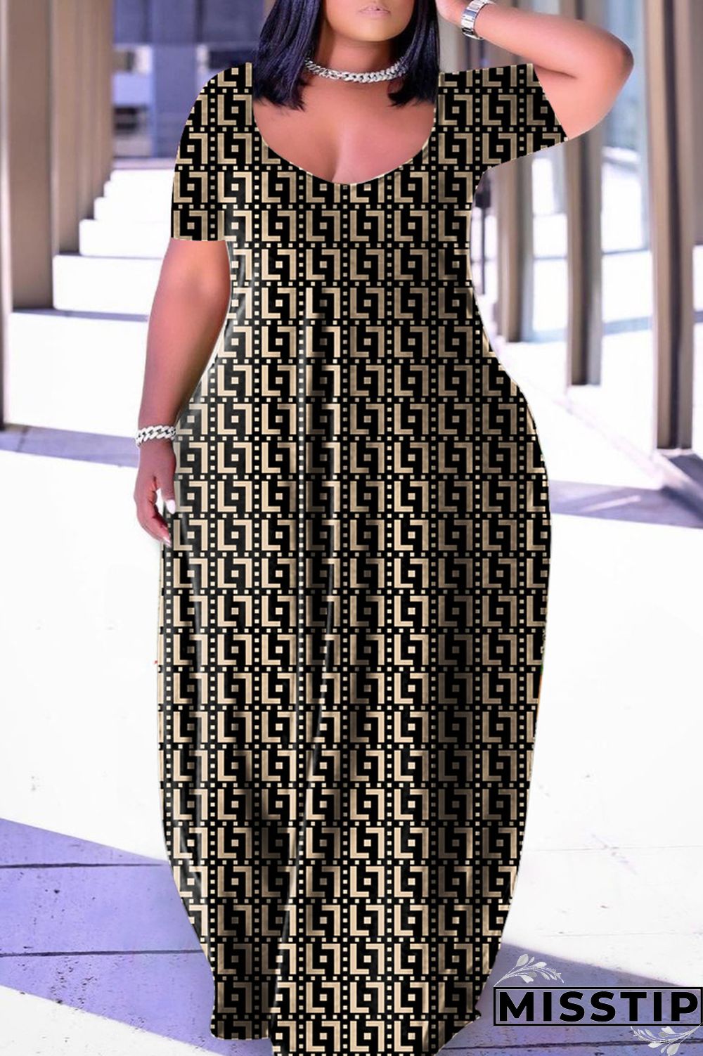 Black Apricot Casual Print Basic V Neck Short Sleeve Dress Plus Size Dresses