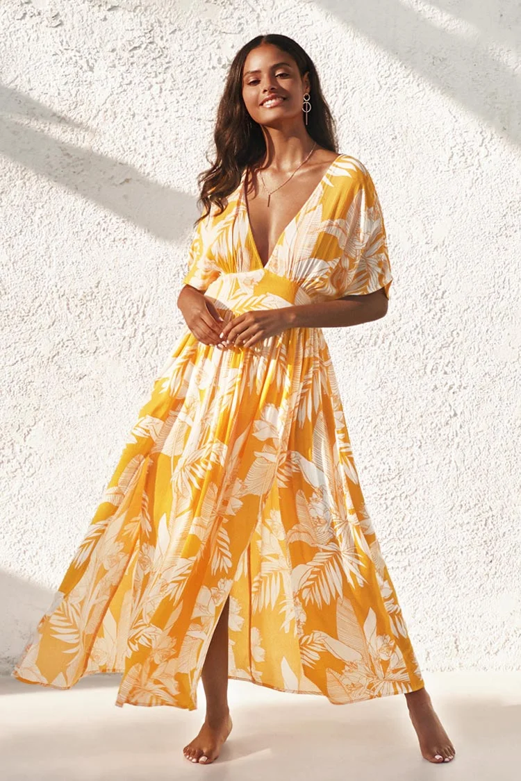 Selena Yellow Floral V-neck Maxi Dress