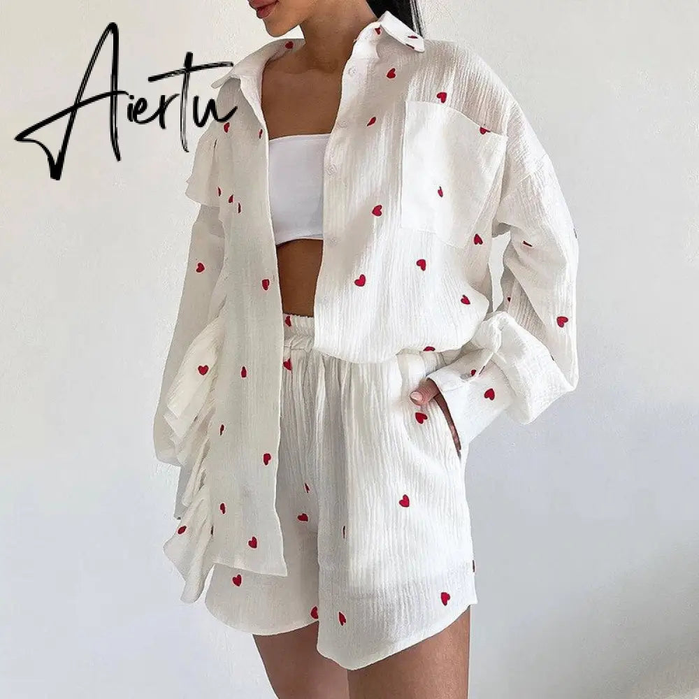 Cotton Pajamas Linen Love Print Shorts Suit Female Fashion Single Breasted Lapel Shirts Top 2 Pieces Set Elastic Waist Pant Sets Aiertu