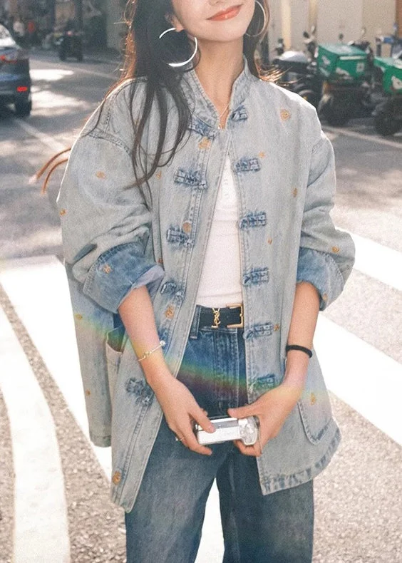 French Make Old Blue Button Pockets Denim Coats Long Sleeve