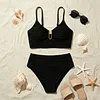 Ruched High-Waisted Bikini Set with Gold Paperclip Detail, 100% Swimwear for Beach Vacation by Inlyline