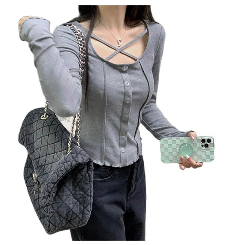 Churchf Churchf Girl Heart Machine Collarbone Show Thin Short Style Student Jacket Female 2024 Autumn Dress New Slim Pit Strip Long-Sleeved T-Shirt Female