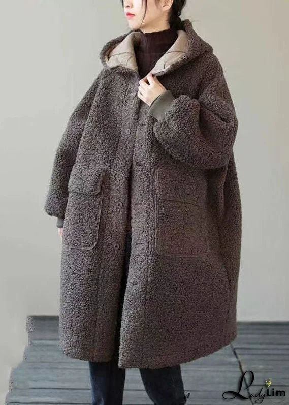 Fashion Coffee Button Pockets Warm Faux Fur Hooded Coat Long Sleeve