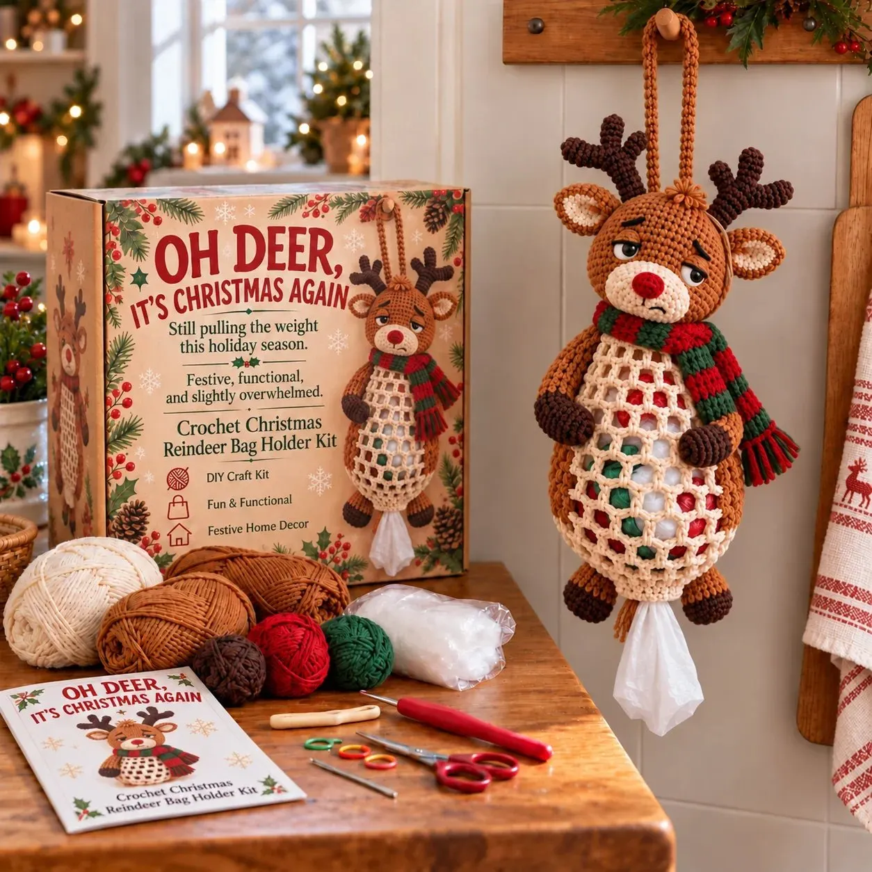 Reindeer Christmas crochet bag holder kit and finished character