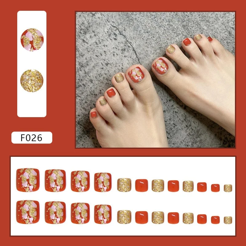24pcs Purple False Toe Nails Summer Full Cover Wearing Toe Nail Art Pattern Removable Nail Stickers With Glue-Nail Inspo