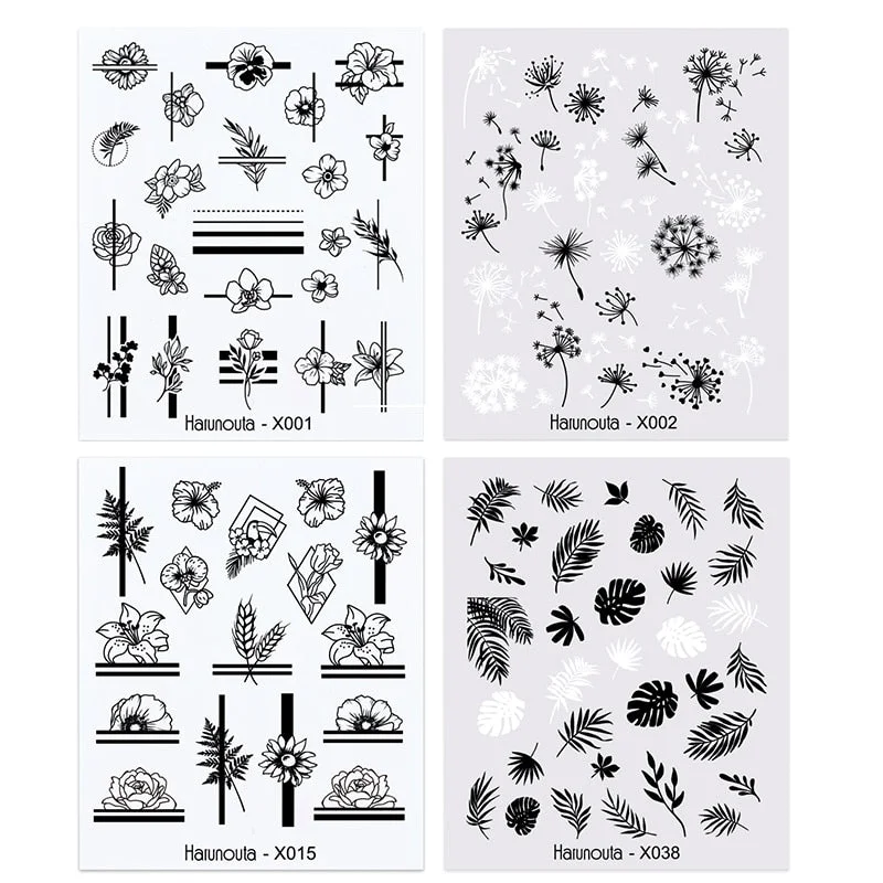 4Pcs/Set Flower Leaves Water Decasl Stickers Floral Geometric Lines Transfer Water Sliders For Nails Manicures Decoration