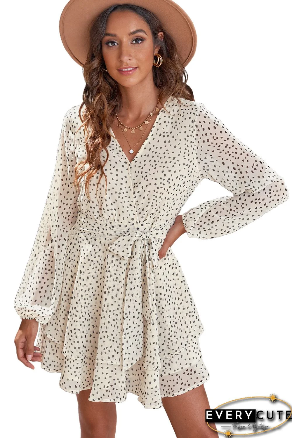 Beige V Neck Baggy Sleeve Waist Tie Double Layer Ruffle Hem Dotted Print Short Dress