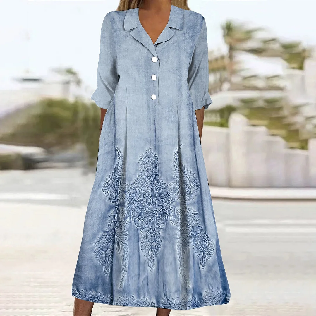Women Casual Loose Dress with Pockets in Pattern Blue, Vintage