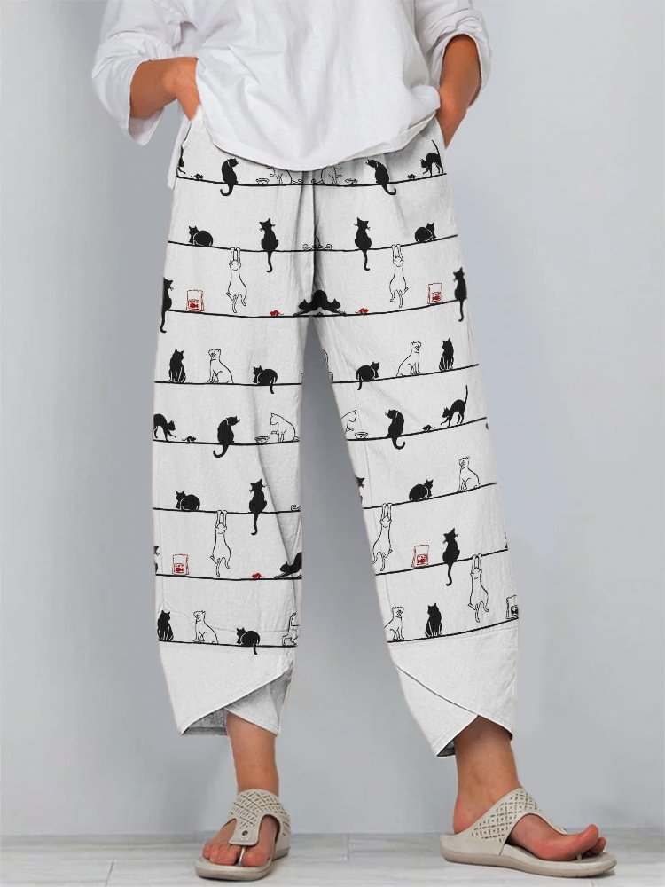 Artwishers Lovely Cats Striped Cropped Casual Pants