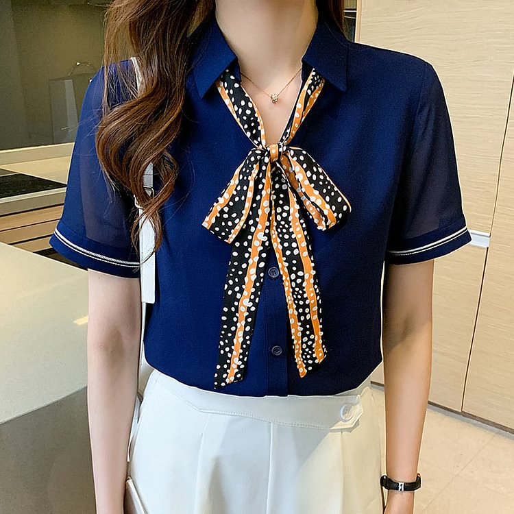 Polo Collar Bow Lace Up Shirt - Modakawa Modakawa