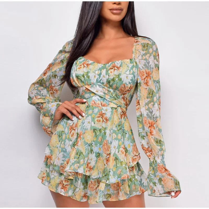 Summer Women Long Sleeve Lace Up Ruffles Floral Print Rompers Jumpsuits 