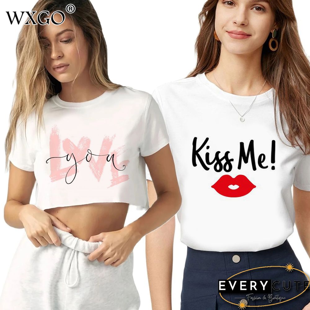 Love You Kiss Me Print Women T-shirt Kawail Crop Tops Sexy Short T Shirt For Women Graphic Tees Female Aesthetic Harajuku