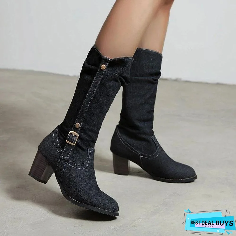 Thick Heel Buckle Cowboy Boots