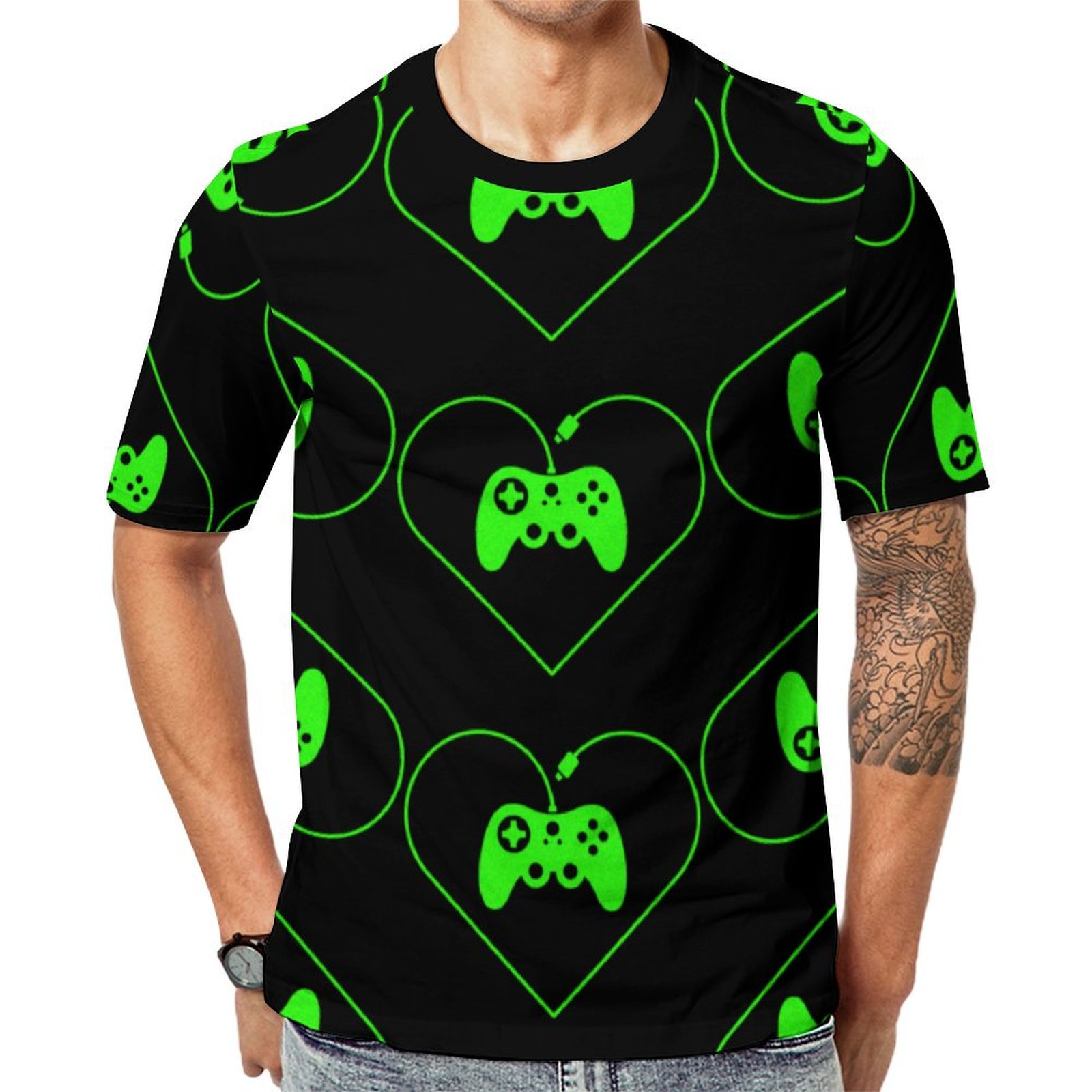 Green Video Game Controller Heart Short Sleeve Print Unisex Tshirt Summer Casual Tees for Men and Women Coolcoshirts