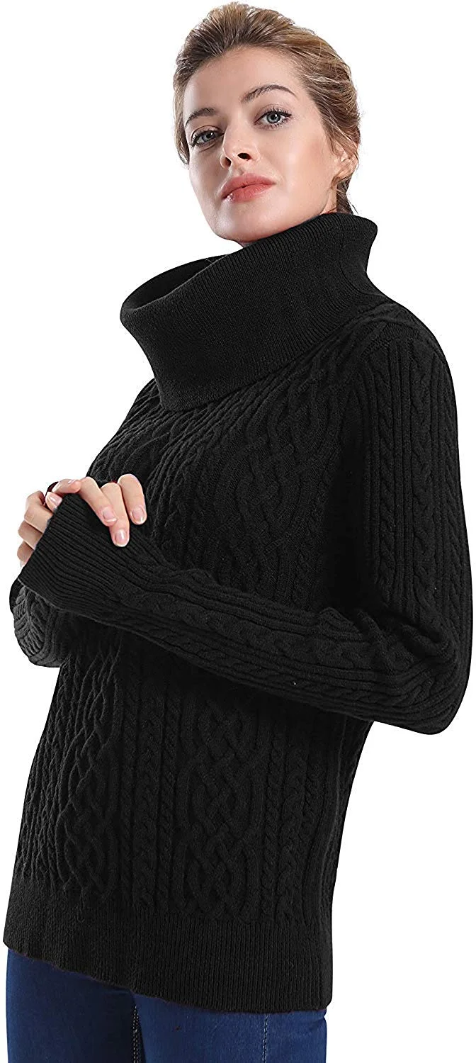 Women's Cowl-Neck Sweater Long Sleeve Pullover Cable Knit Sweater Tops