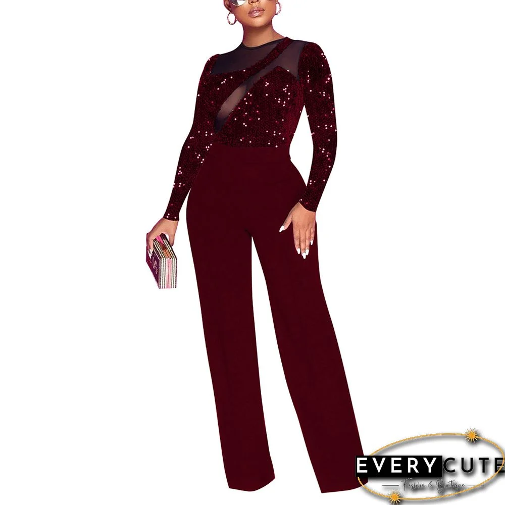 Wine Red Splice Mesh Sequin Straight-leg Jumpsuit