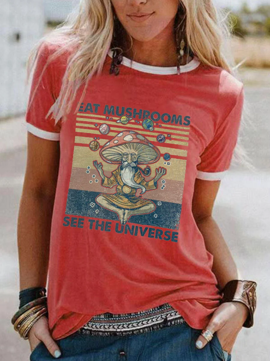 Eat Mushrooms See the Universe Color Block Sleeve T-shirt