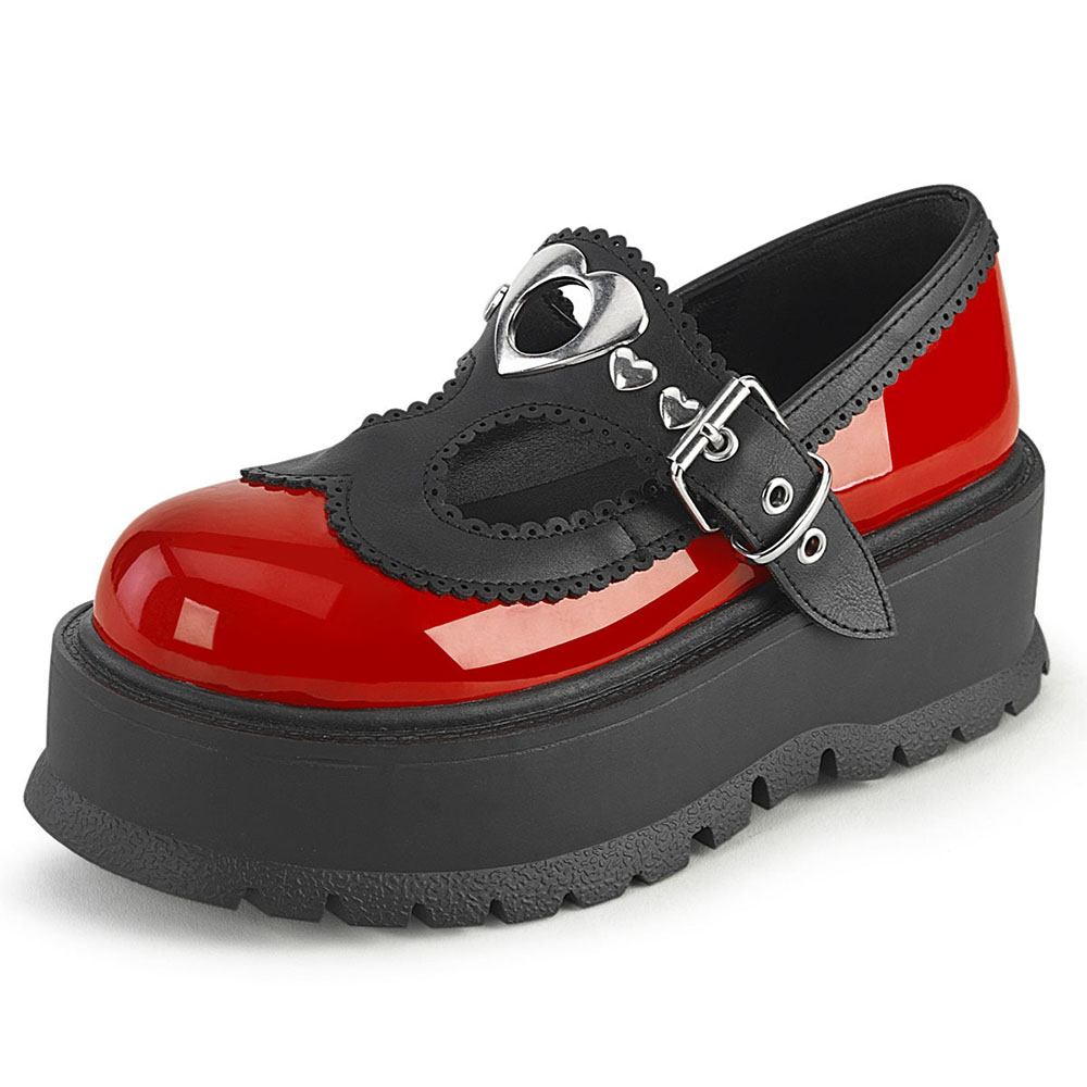 Black & Red Round Toe Wedge Heel Buckle Platform Mary Jane Pumps Nicepairs