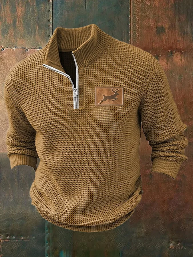 Men's Western Elk Print Stand Collar Zip Knit Jacquard Sweater