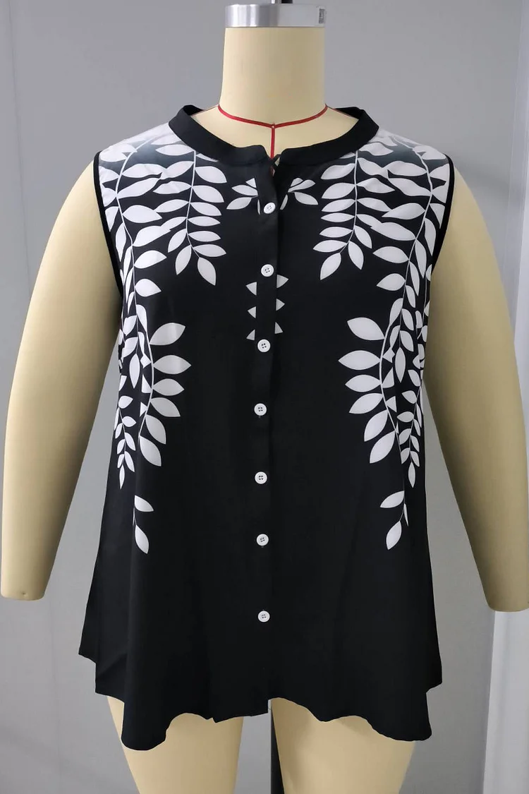 Plus Size Leaves Print Button Round Neck Casual Tank Top  Flycurvy [product_label]